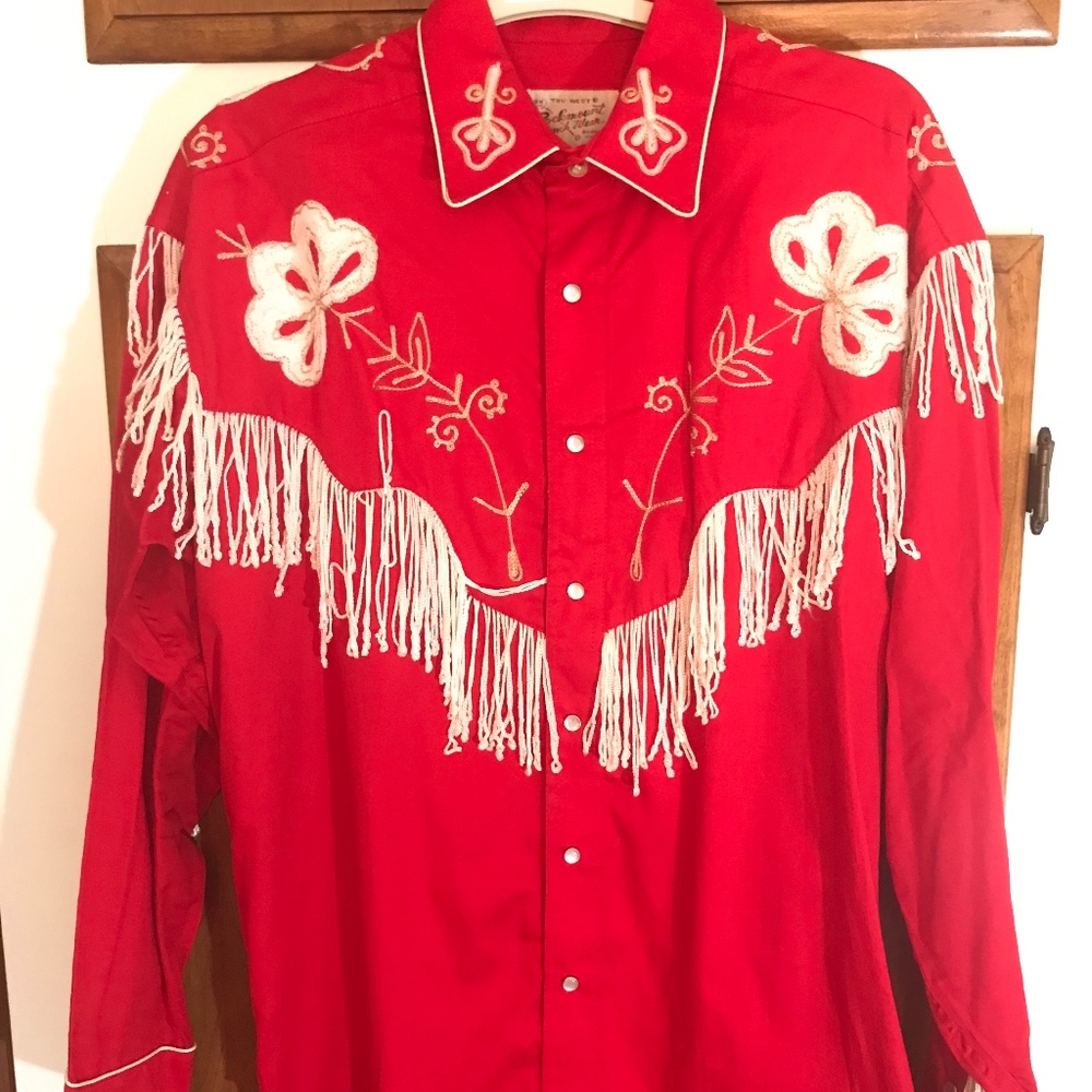 Men's Red Vintage Fringe Embroidered Western Shirt